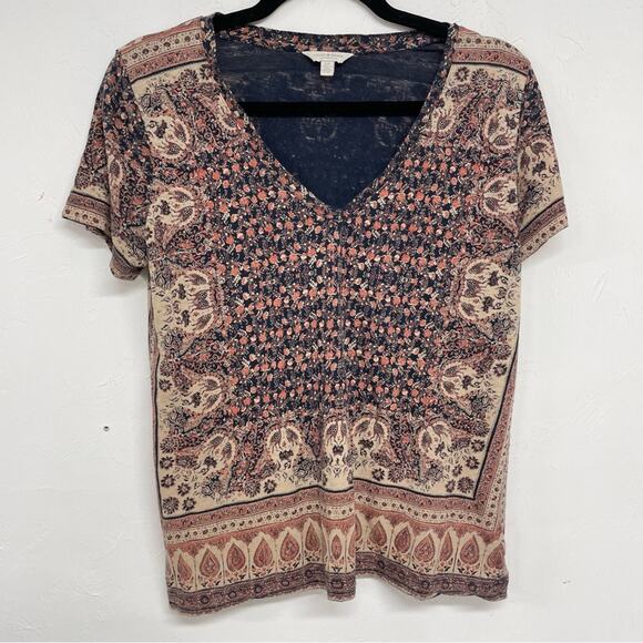 Lucky Brand Brown & Cream Printed Short Sleeve Blouse Womens S Boho Casual - Picture 1 of 7